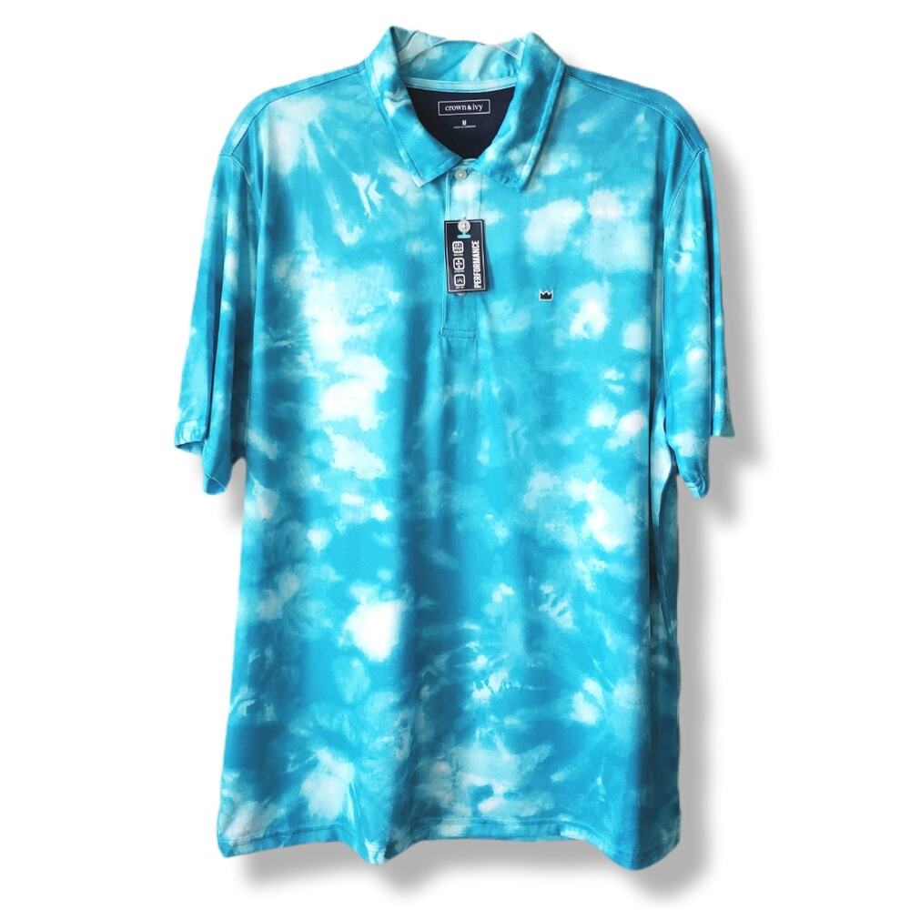Men Crown Ivy Blue Tie Dye Performance Polo Golf Shirt M UPF Casual Sport Bloke